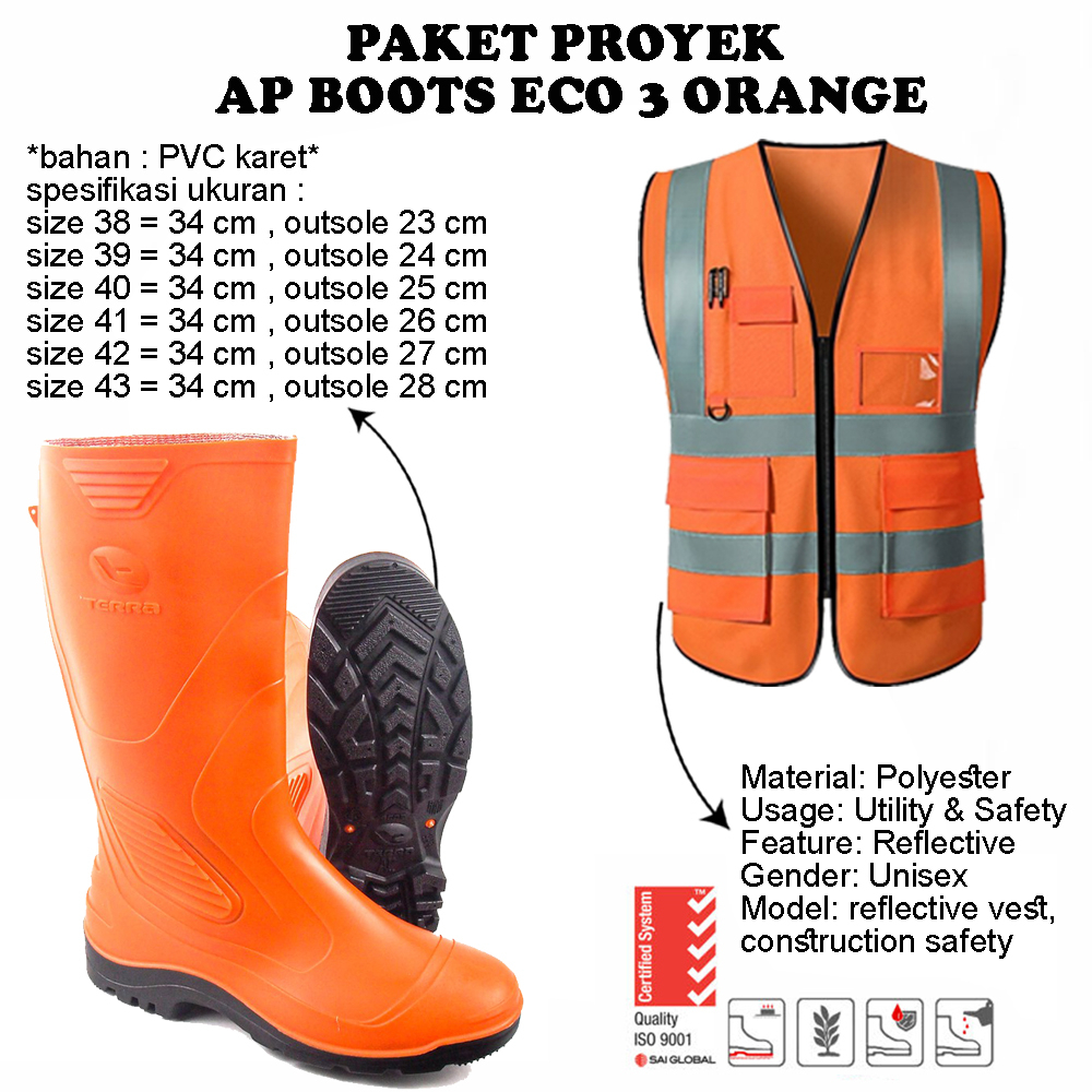 Paket Safety AP Boots Eco 3 Orange &amp; Rompi Proyek Unisex Polyester Orange Kantong Id card (Rompi Size XL)