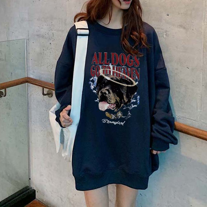 Kaos Stasan Wanita Oversize Sweater American Vintage Cartoon Graphic Dog Priting Top Kekinian Casual Sweater