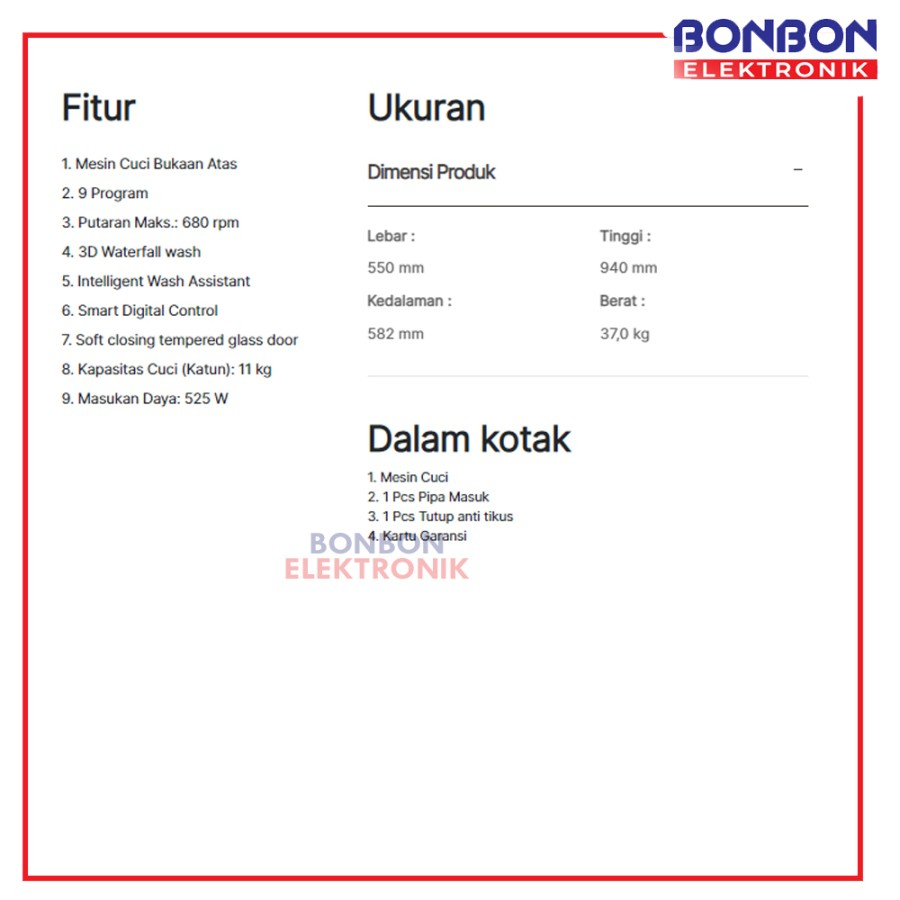 Modena Mesin Cuci 1 Tabung 11 kg WT 1120 UFGY / WT1120UFGY Top Loading