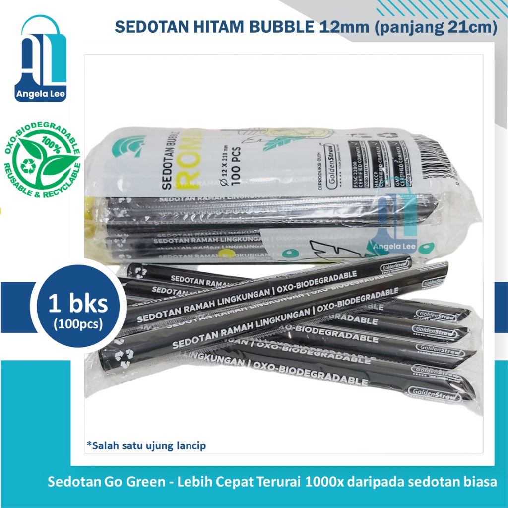 Sedotan Bubble Plastik Hitam Lancip Ramah Lingkungan GoGreen Higienes 6mm 12mm