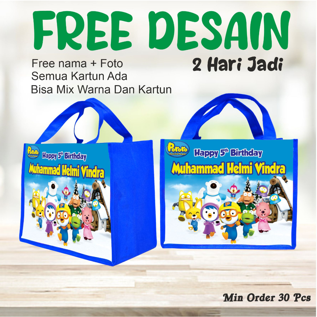 

PAKET TAS BINGKISAN 100 PCS BERGAMBAR POPORO/FREE DESAIN FOTO DAN NAMA/TAS ULANG TAHUN