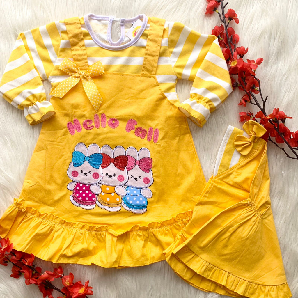 Baju dress lengan panjang kekinian lucu dapat bandana bestseller anak cewek perempuan murah -hel