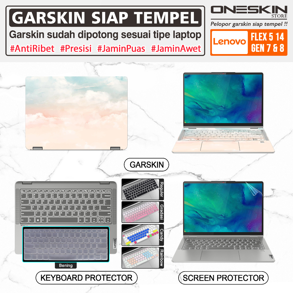 Garskin Sticker Laptop Pelindung Screen Keyboard Protector Lenovo IdeaPad Flex 5 5i-14 14ALC7 14IAU7 Gen 7 Gambar Full Body Silikon Bening Glossy Doff