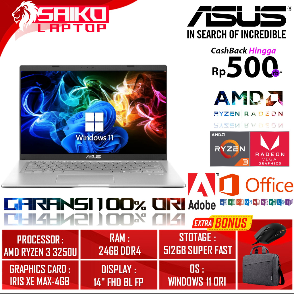 Laptop ASUS VIVOBOOK M415DAO AMD RYZEN 3 3250U 16GB 512GB 14" FHD WIN11HOME OHS RESMI