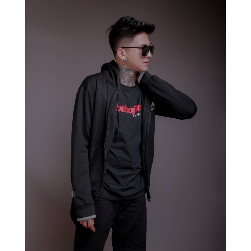 SWEATER HOODIE ZIPPER cowok Sweatshirt Pria BOJIEL Hitam Polos lengan seri BJSL131