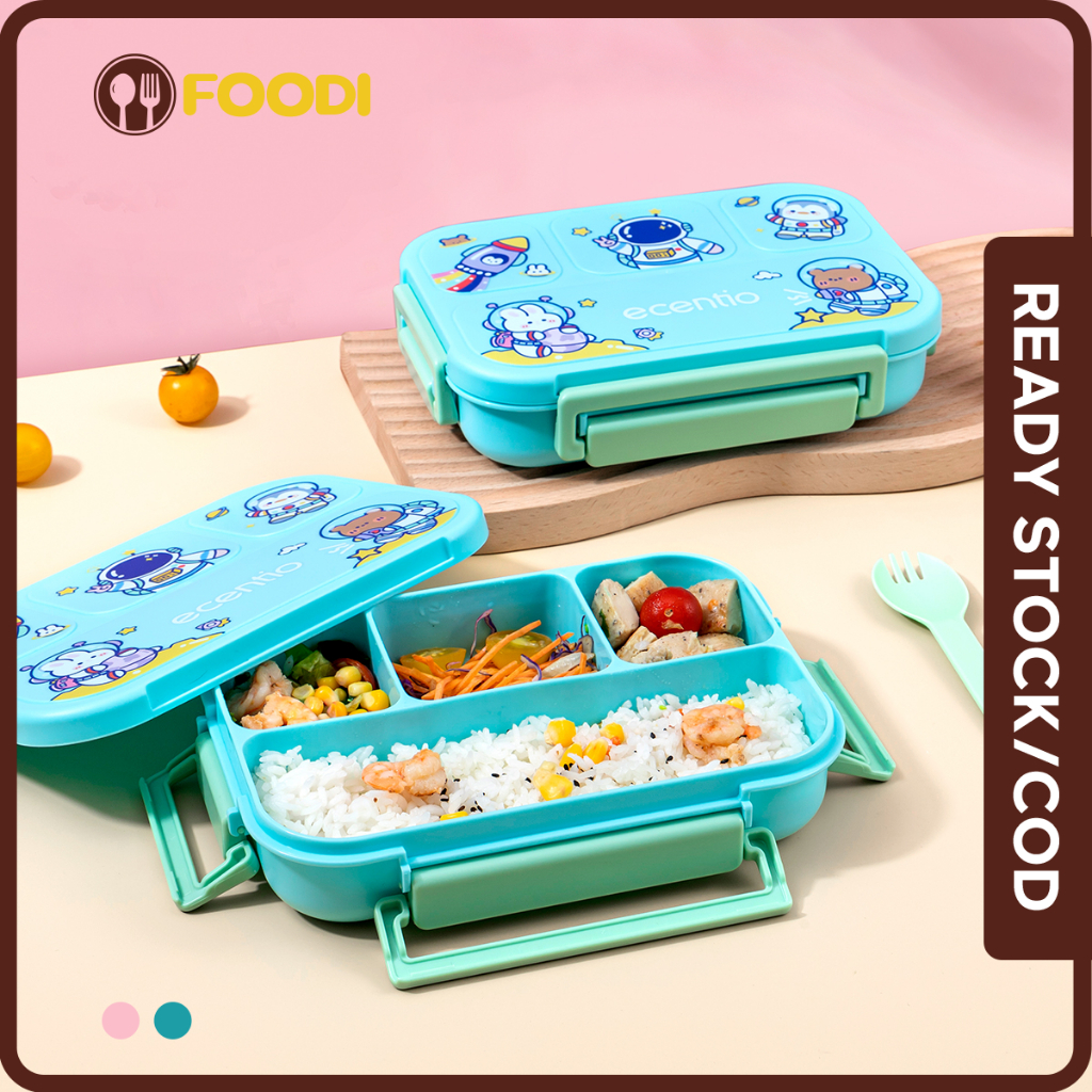 ecentio &amp; FOODI lunch box anak tempat makan set 4 sekat anti tumpah 1000ml cartoon/BPA free/Free Sendok