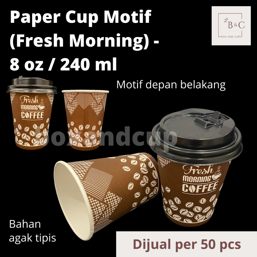Paper Cup / Gelas Kertas Panas Kopi Teh Motif dan Tutup 8oz 240 ml Warna Cokelat Putih