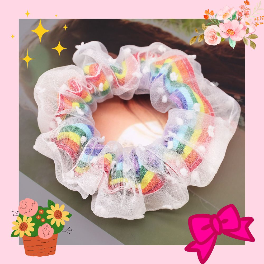 Ikat Rambut Scrunchie Hairband Model Korea Style Motif Pelangi