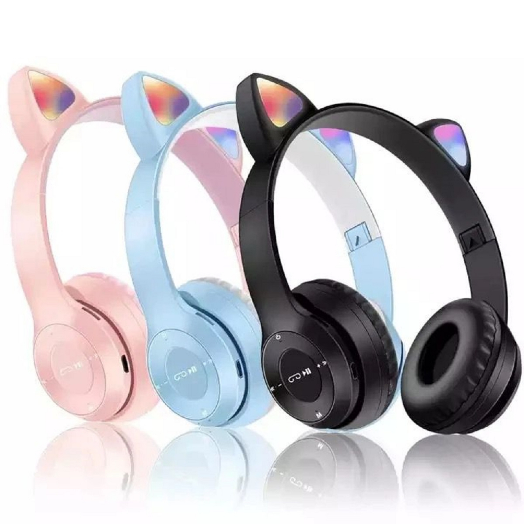 Headphone Headset Karakter Telinga Kucing Bluetooth Wireless Cute Cat Led P47