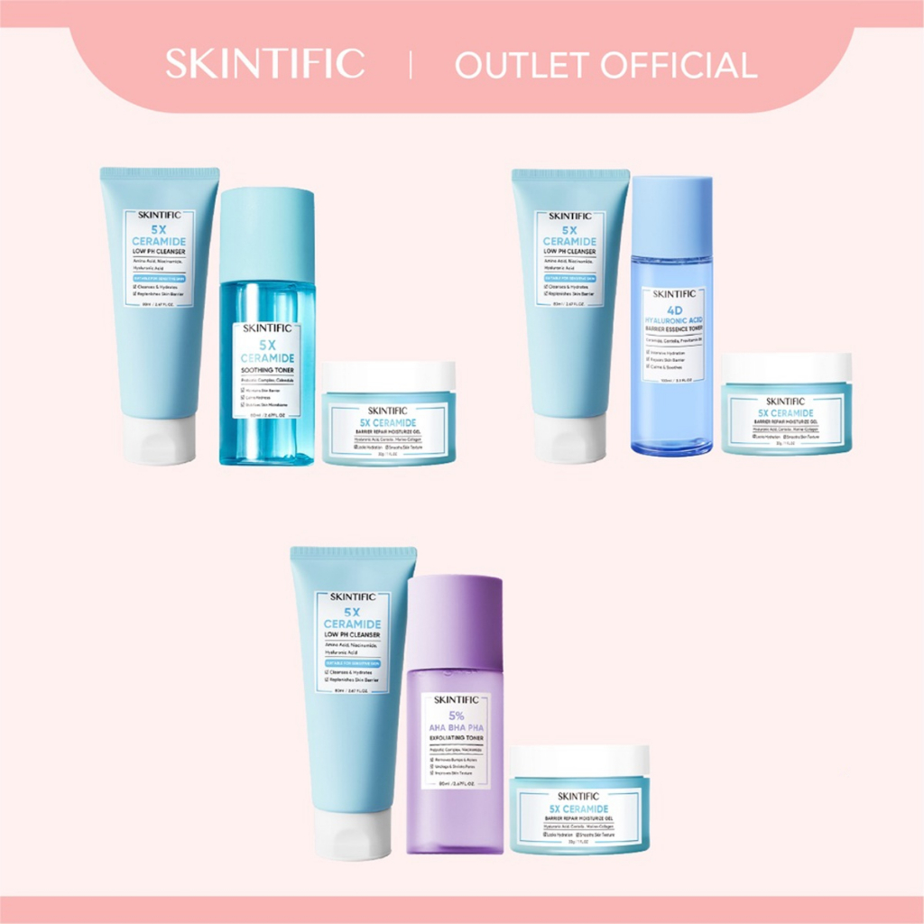 【Skintific Outlet Official】SKINTIFIC 3 pcs set with cleanser - 5X Ceramide Low pH Cleanser &amp; 4D Hyaluronic Acid (HA) Barrier Essence Toner &amp; Barrier  Moisturize Gel &amp;  5% Aha Bha Pha Exfoliating Toner &amp; 5X Ceramide Soothing Toner