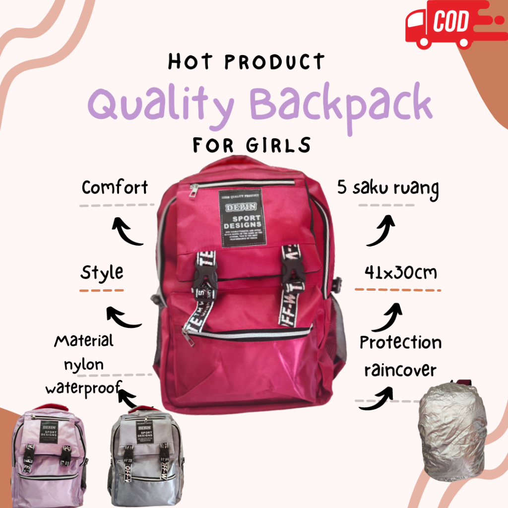 Tas Ransel Wanita Free Raincover - Tas Sekolah Sd Smp Sma kuliah Remaja Dewasa Model Terbaru Fashion Korea Kekinian Bagus Murah Besar Kuliah Traveling Jalan Stylish