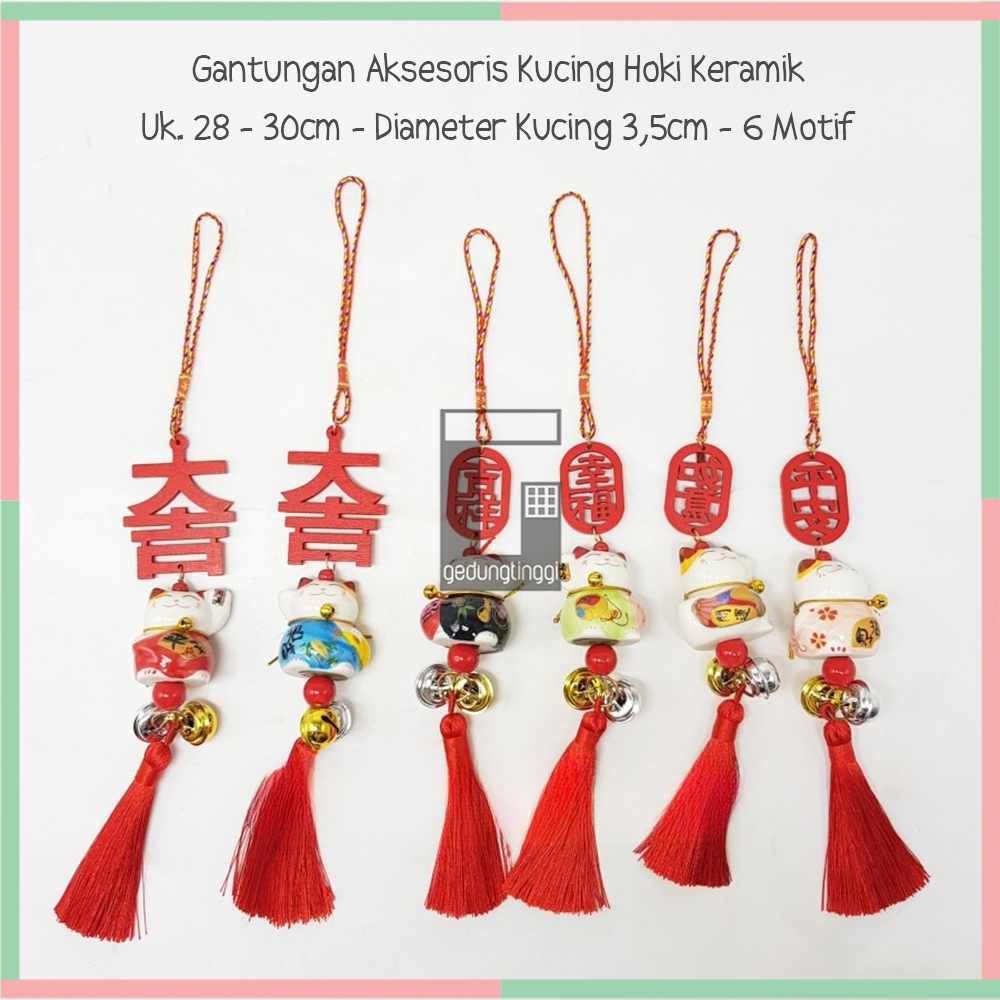 Gantungan Tassel Coin Kucing Hoki Rejeki Keberuntungan Maneki Neko Lucky Cat Fengshui Keramik Mobil