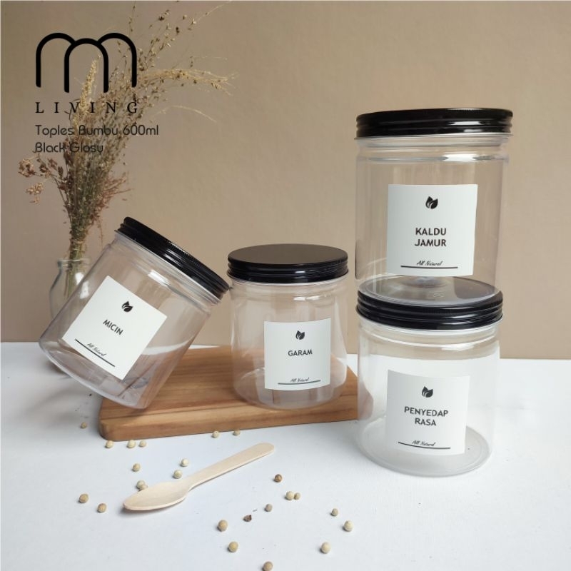 Toples Bumbu Dapur 500ml TUTUP HITAM free sendok dan label waterproof