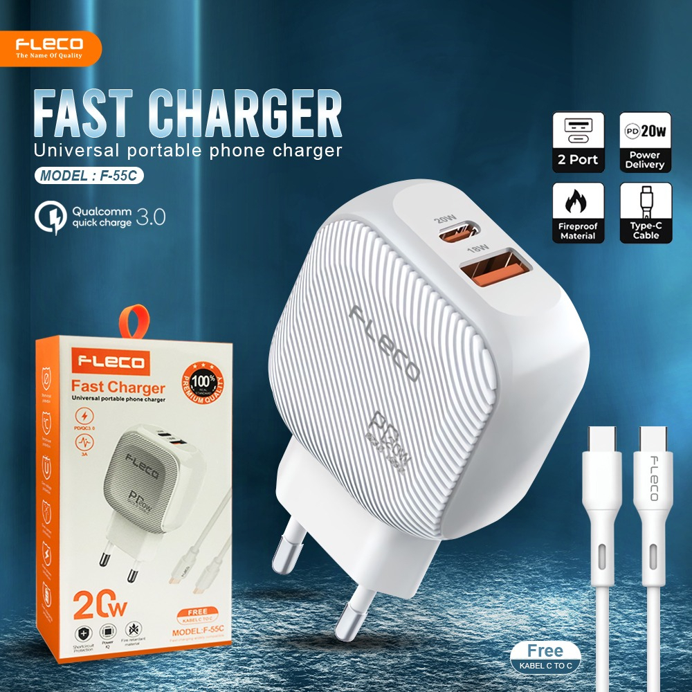 Adaptor TC Casan PD Fast Charging 1 port PD 1 port USB 20 watt Murah F-55C FLECO Free kabel PD C to C