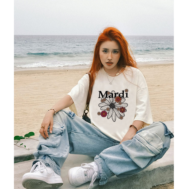 kaos atasan wanita/korean style lengan pendek letter daisy motif printed t-shirt oversize kaos basic