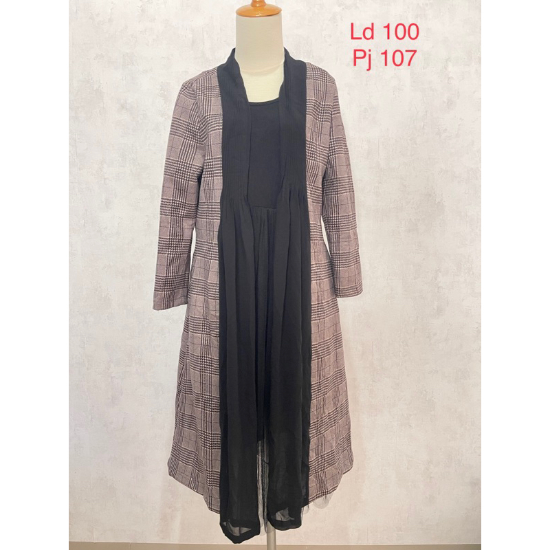 Luxury goods long outer bahan suede motif kotak