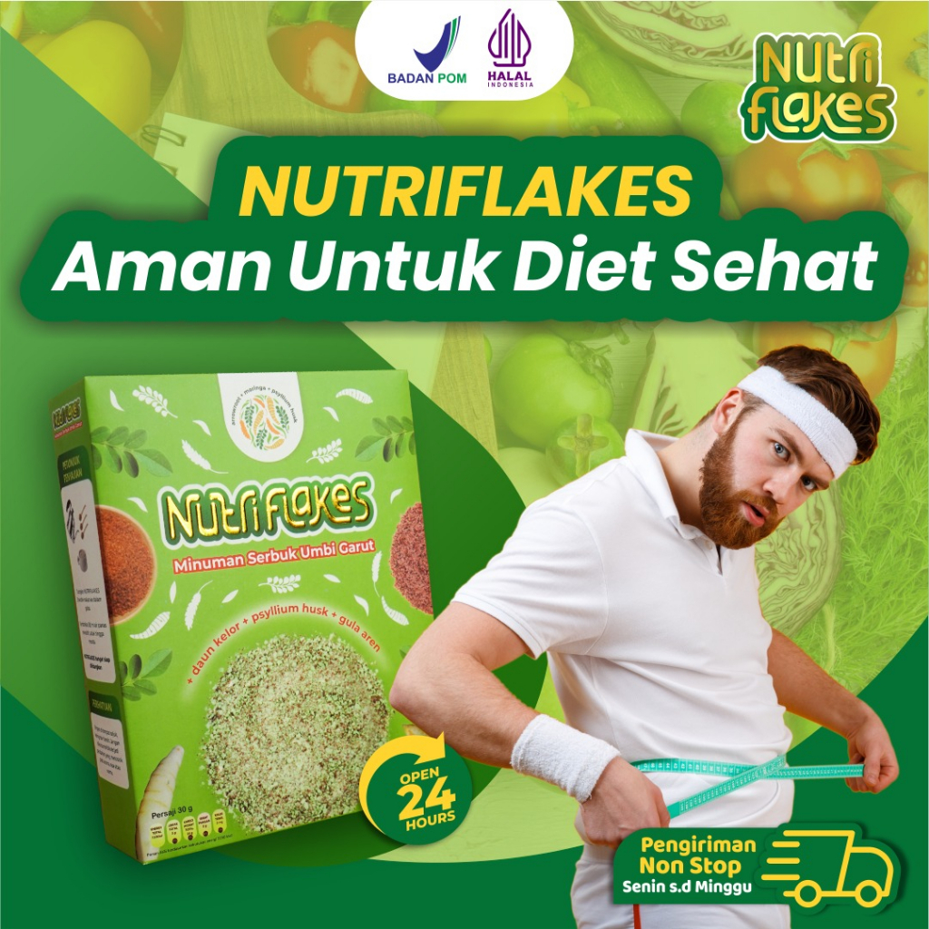 Minuman Serbuk Umbi Garut Nutriflakes || Nutriflek Minuman Umbi Garut Asli Dengan Psyilium Husk &amp; Daun Kelor Solusi Perlancar Pencernaan Bantu Terapi Asam Lambung Maag Asam Lambung Kronis Sumber Vitamin &amp; Serat