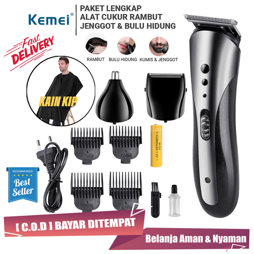 Kemei Hair Clipper Mesin Cukur Rambut Elektrik Profesional Paket Terlengkap Kumis Jenggot Bulu Hidung Rechargeable