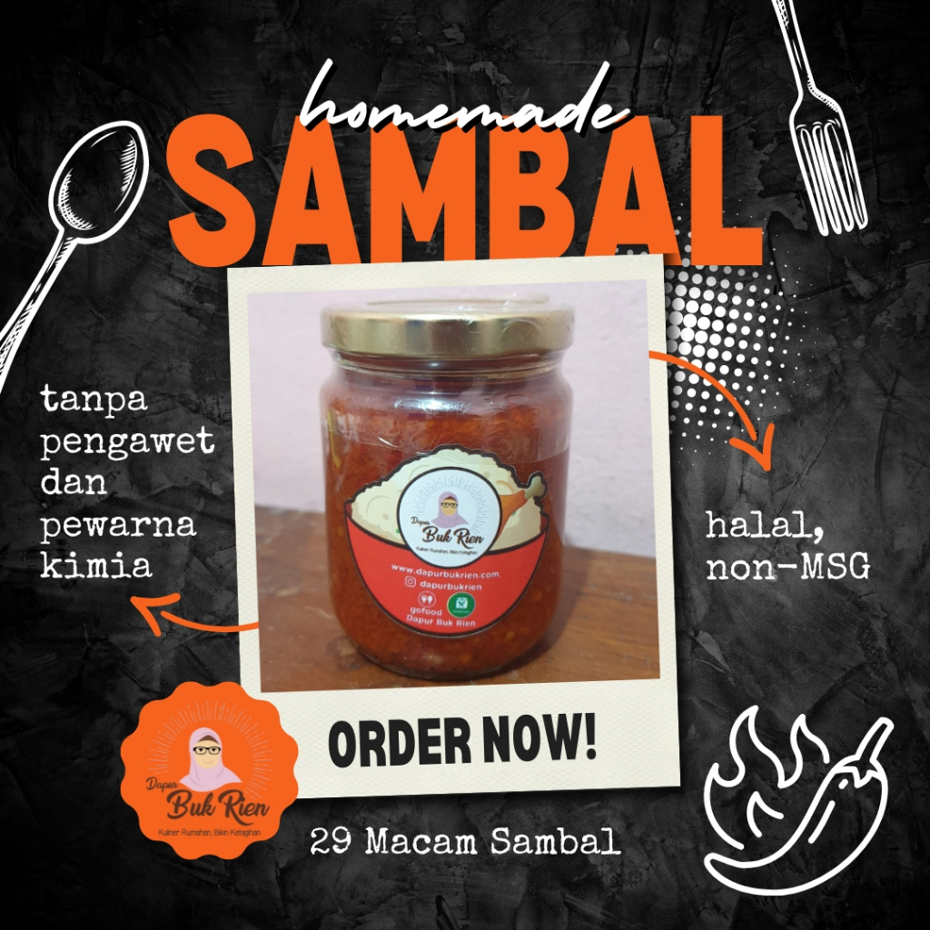 

SAMBAL DAPUR BUK RIEN - NON MSG - Sambal Bawang / Sambal Terasi / Sambal Teri Ijo Medan / Sambal Bajak / Sambal Jahe / Sambal Kemiri / Sambal Mangga Muda / Sambal Jengkol Betawi / Sambal Korek Madura / Sambal Baby Cumi / Sambal Pete Ikan Asin