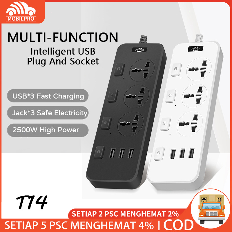 Stop Kontak 3way/Power Strip/Socket USB 3way Hitam/Putih T14