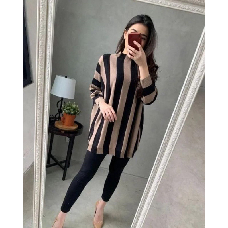 One Set Setelan Rajut Salur 2 pcs Blouse Kulot Panjang