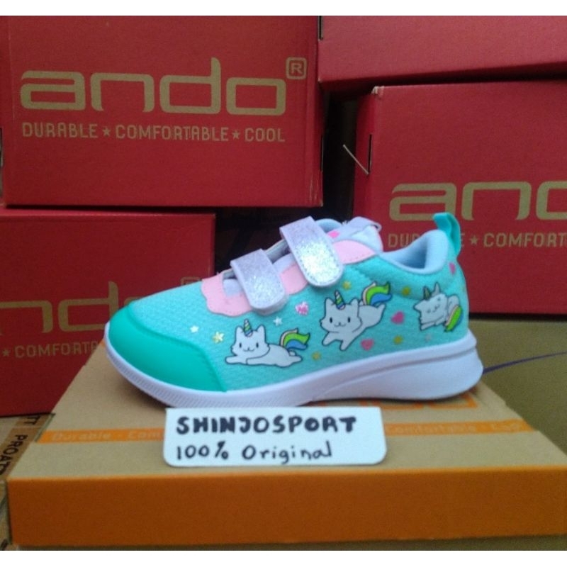 SEPATU ANAK SEKOLAH 29-32 ANDO ORIGINAL PAUD TK SD CEWEK WANITA KECIL MUNGIL PINK UNICORN PEREKAT