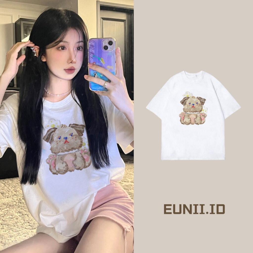 EUNII T-shirt Lengan Pendek Cartoon Oil Painting Dog Korean Style/Kaos Atasan Wanita/Baju Kaus Oversize Wanita/Kaos Wanita