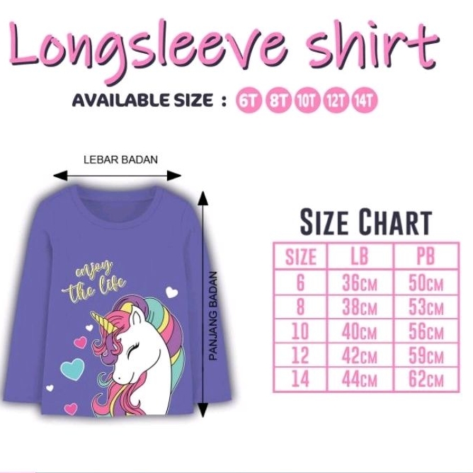 05hk05h Kaos NEW Unicorn Anak Perempuan Size 6 8 10 12 14 - Long Sleeve Shirt Kids Cotton kaos unicorn series by Polkka