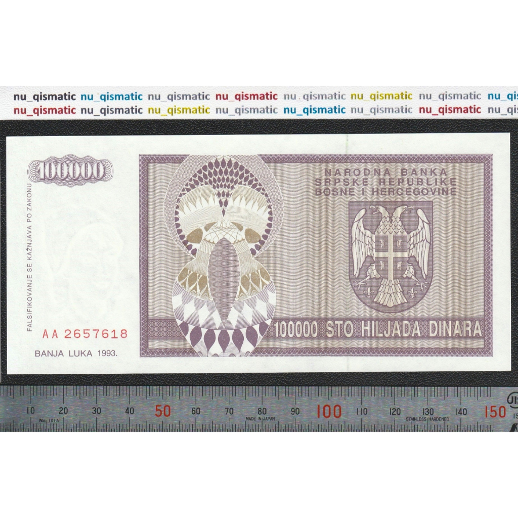 Uang 100.000 100000 Dinara Bosnia Herzegovina 1993, UNC Baru Super Gress P# 141