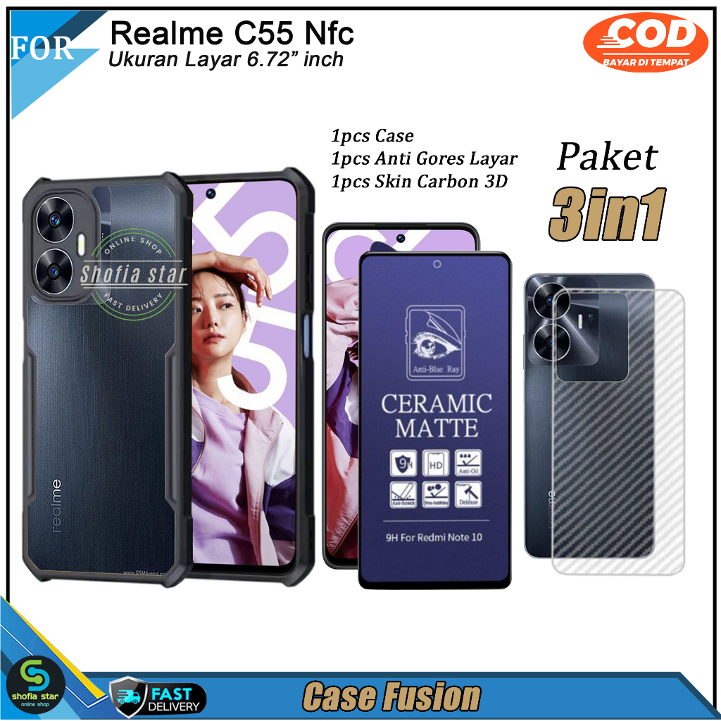 PAKET 3in1 Case Realme C55 NFC C53 NFC Soft Case Fusion Shockproof Transparan Casing