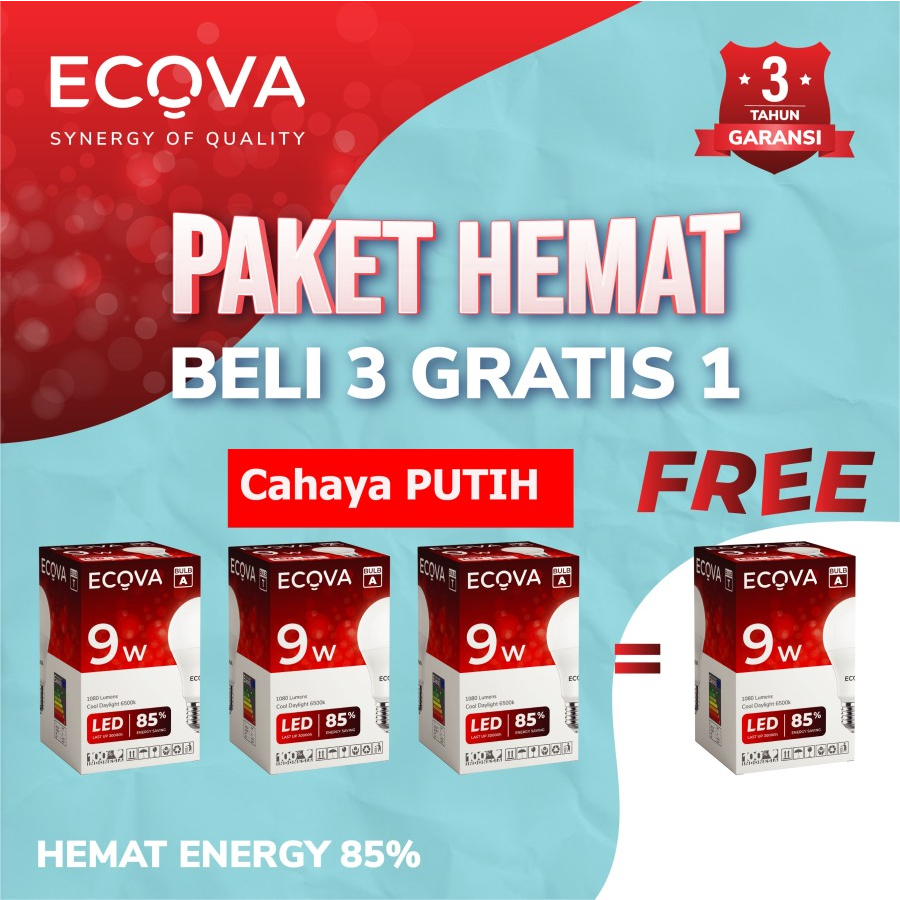 cahaya PUTIH PAKET HEMAT 4 PCS Lampu LED 9 Watt ECOVA GARANSI 3TAHUN