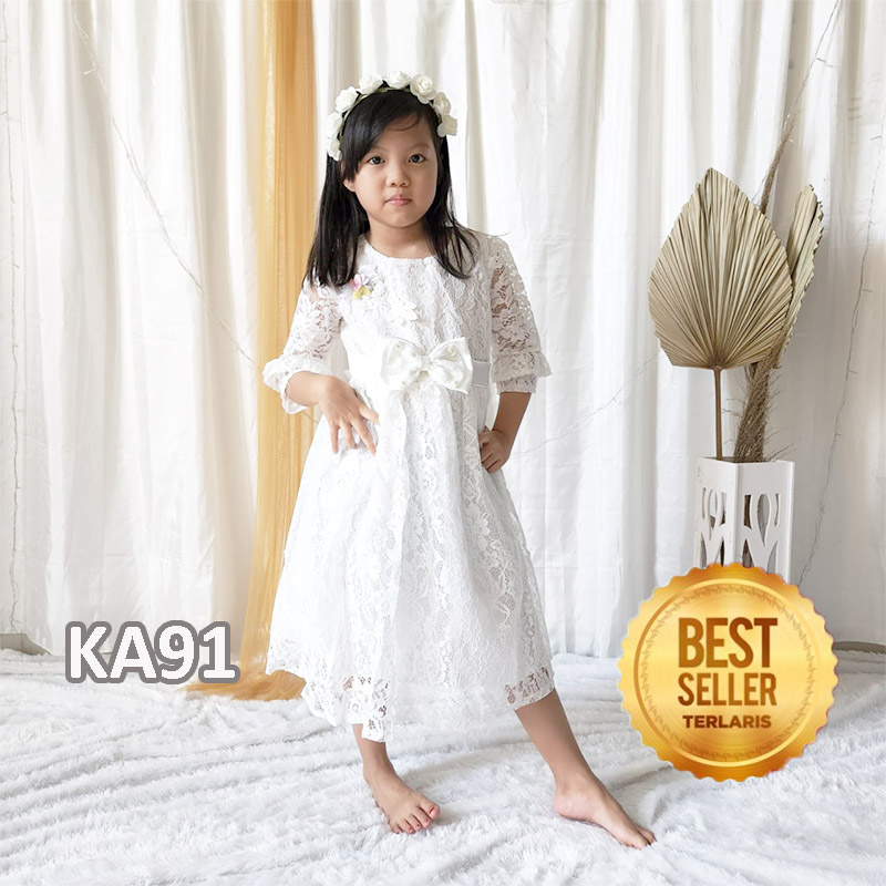 Dress Anak Perempuan 12 Tahun 10 Tahun Korean Style Gaun Brukat Anak Warna Putih Broken White Baju Cewek Import 2023 Terlaris Dress Baptis Akikah Aqiqah KA91