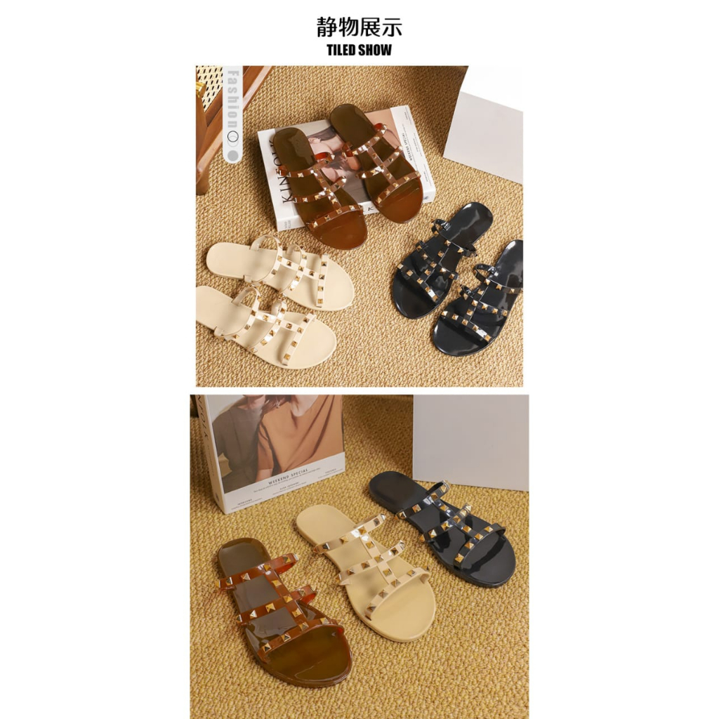 Sandal Wanita Jelly Stud Garis Nyaman Dan Empuk