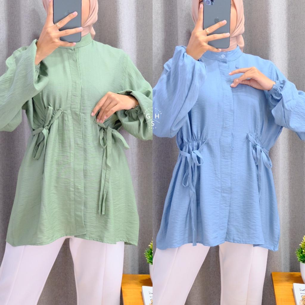 OZARA KEMEJA TALI KERUT PINGGANG ATASAN WANITA BLOUSE BUSUI POLO LINEN PREMIUM (AMD)