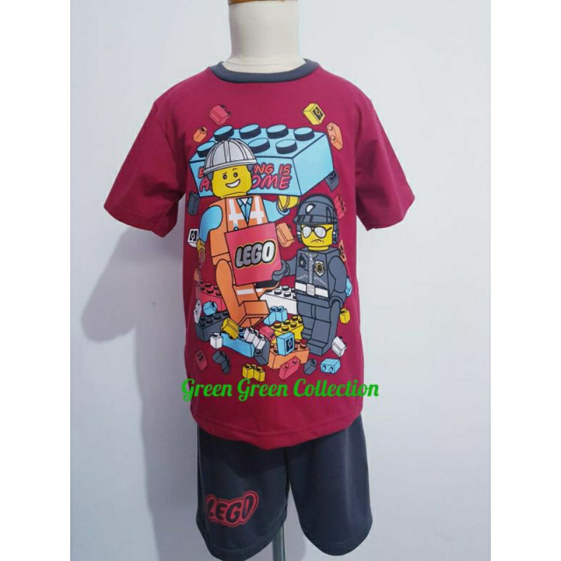 Baju Tidur/Piyama/piama kaos anak lego Maroon/abu