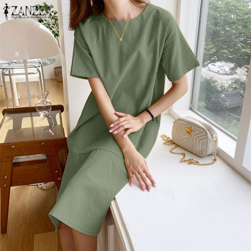 ZANZEA Women Short Sleeve Casual O-Neck Loose Ruffle Hem Midi Dress