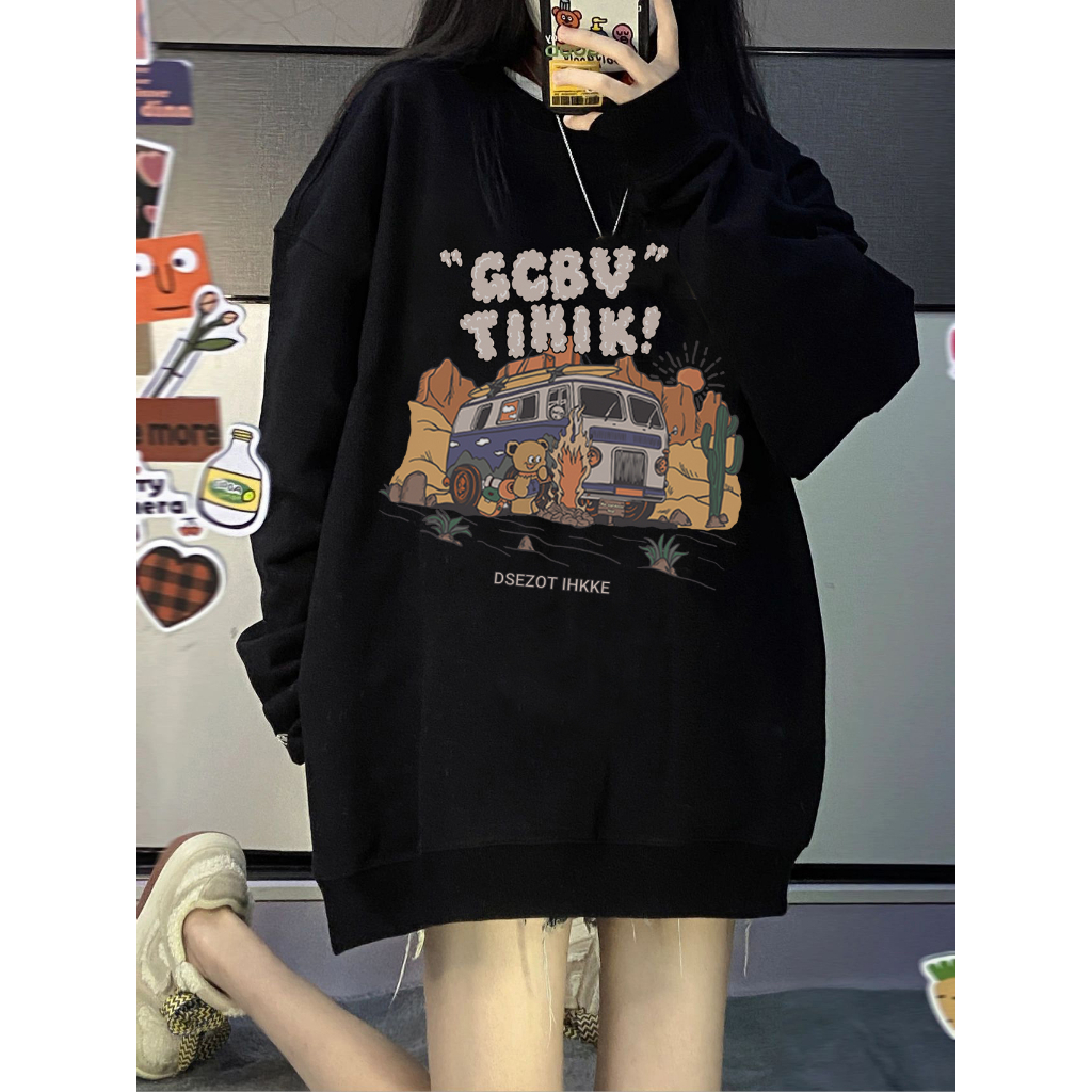 EUNII Sweater Lengan Panjang Cartoon Desert Car Printing Korean Style/Sweater Crop/Baju Wanita/Switer Wanita/Switer