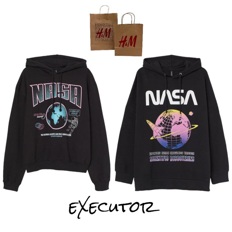 ( 8.8 ) Hoodie H&amp;M Unisex Sablon, Nasa Planet Black, Flecee Katun Lembut , Free Papperbag