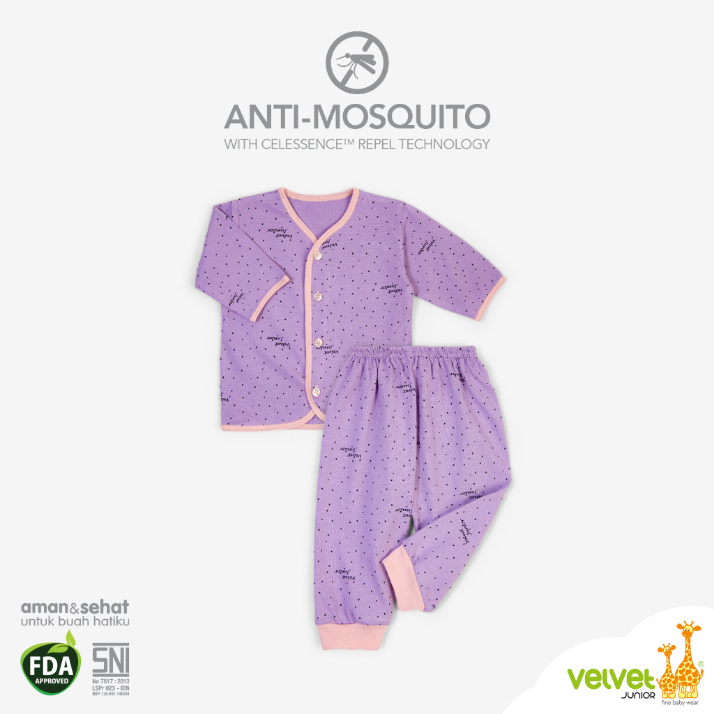 Velvet Junior Setelan Panjang Kancing Tengah Anti Moisquito Baju Bayi Anti Nyamuk Girl Series