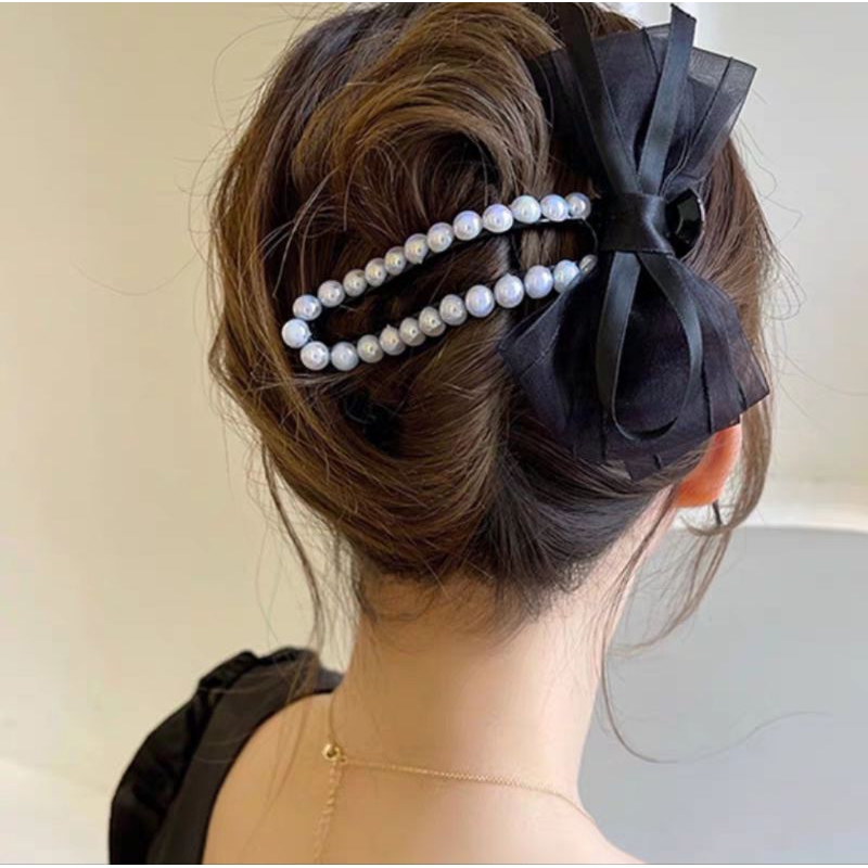 Jedai Bebek Pita Mutiara Bolong 11cm Jepit Rambut Mutiara Duckbill Side Slide Flat Oval Hair Clip