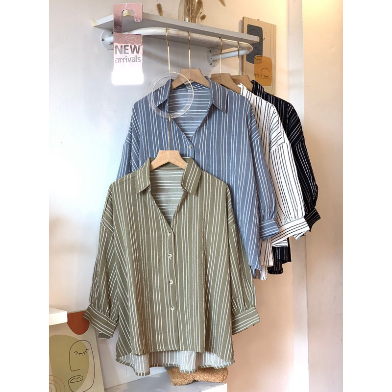 Dhea Stripe Shirt Blouse (kemeja crinkle kancing premium pastel garis formal kantor kuliah )