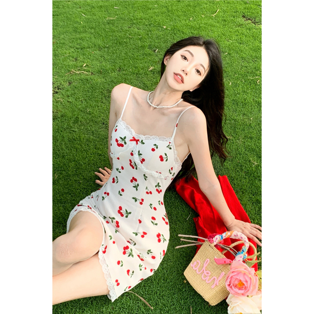 Dress Sweet Mini Sexy Import Putih French Cute Dress Santai Dress Tidur Putih Cherry 1329