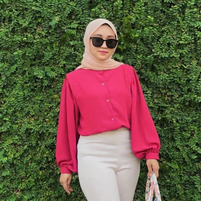 Reva Kemeja Kantor Wanita - Cirebon Cloth | River Blouse Oneck | Kemeja Crinkle Airflow | Kemeja Formal | Kemeja Polos | Kemeja Lengan Panjang / Kemeja Kantor / Blouse Wanita / Kemeja Kerja