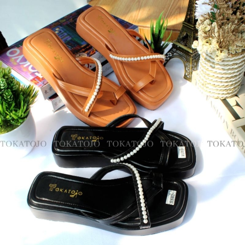 Sandal flatform wanita tali silang mutiara terbaru Sandal wedges wanita terbaru