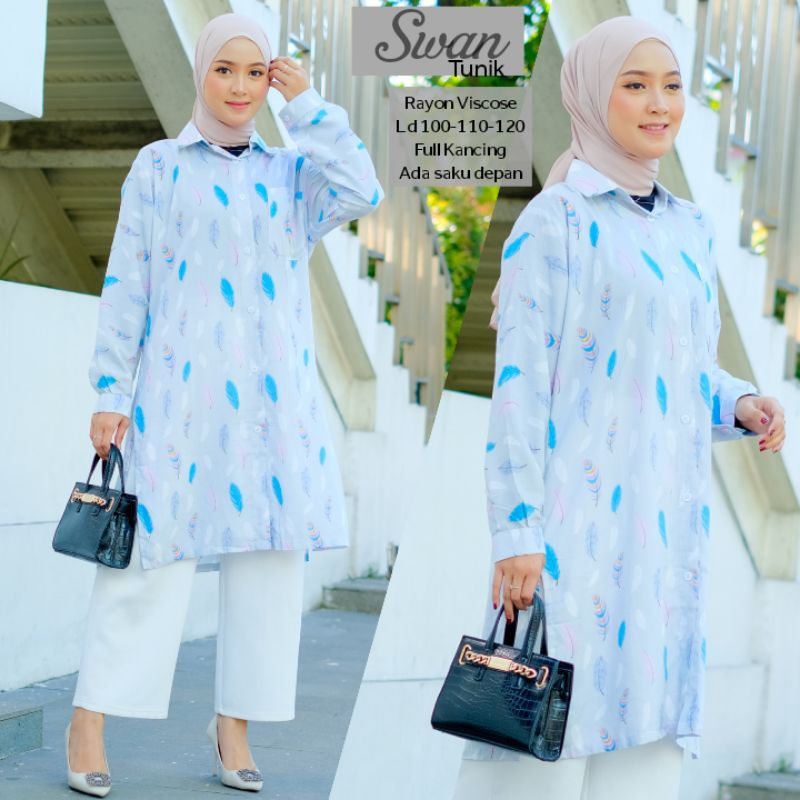 PROMO SWAN LONG TUNIK MOTIF BULU RAYON VISCOSE LD 100/110/120