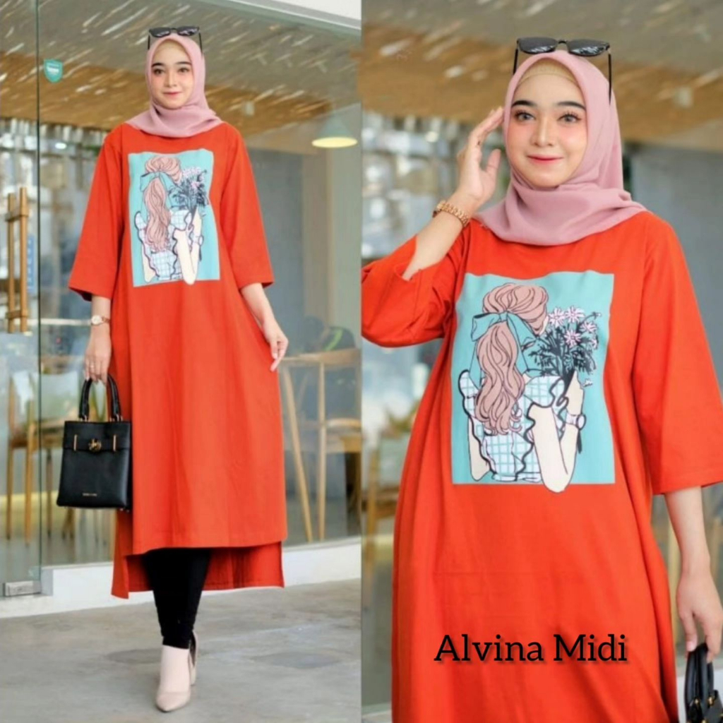 Best Seller-Alvina Midi Dress Wanita Dewasa Terbaru 2023 Elegan Tunik Remaja Kekinian Viral long tun