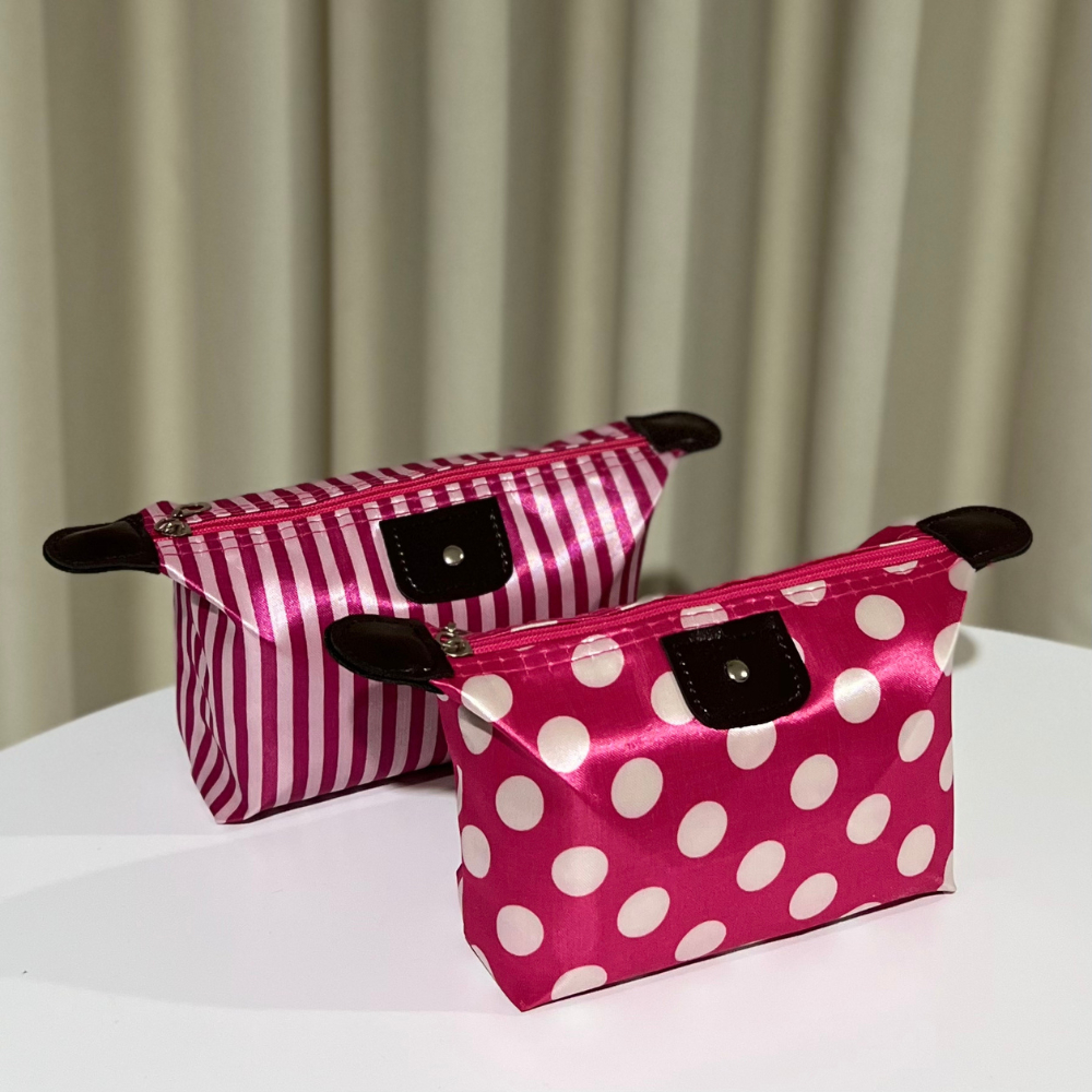 TAS POUCH MAKE UP PINK / POUCH ORGANIZER MULTIFUNGSI / POUCH POLKADOT / GARIS