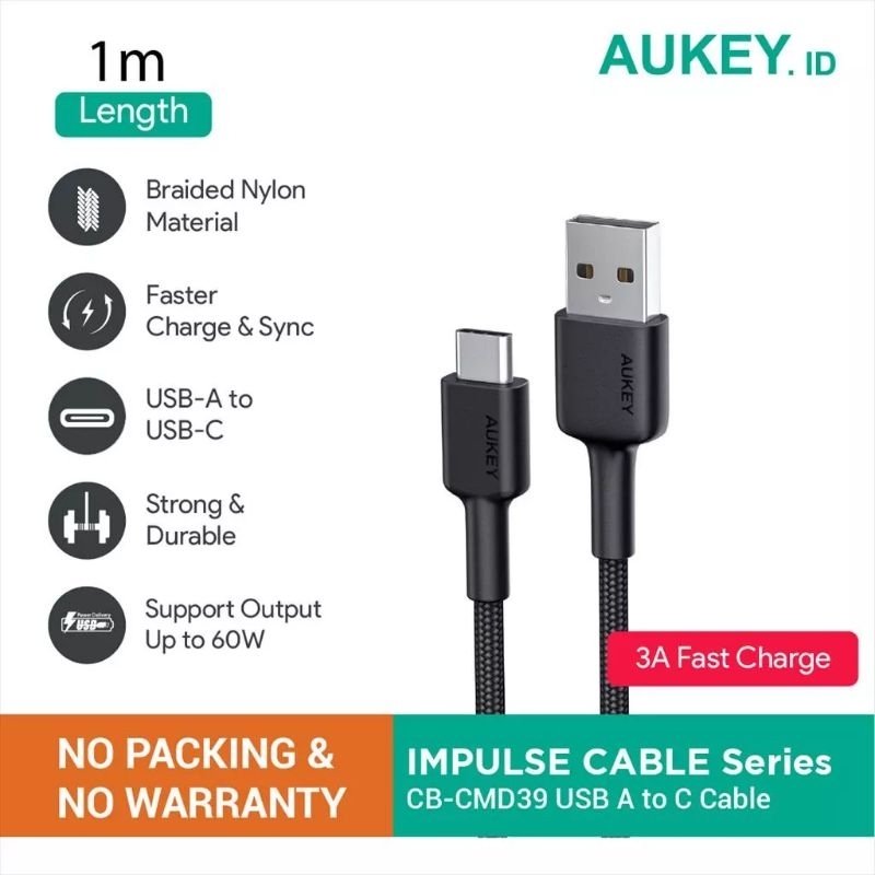 Kabel Charger Aukey CB-CMD39 USB A to C 1M NO PACKING &amp; NO WARRANTY