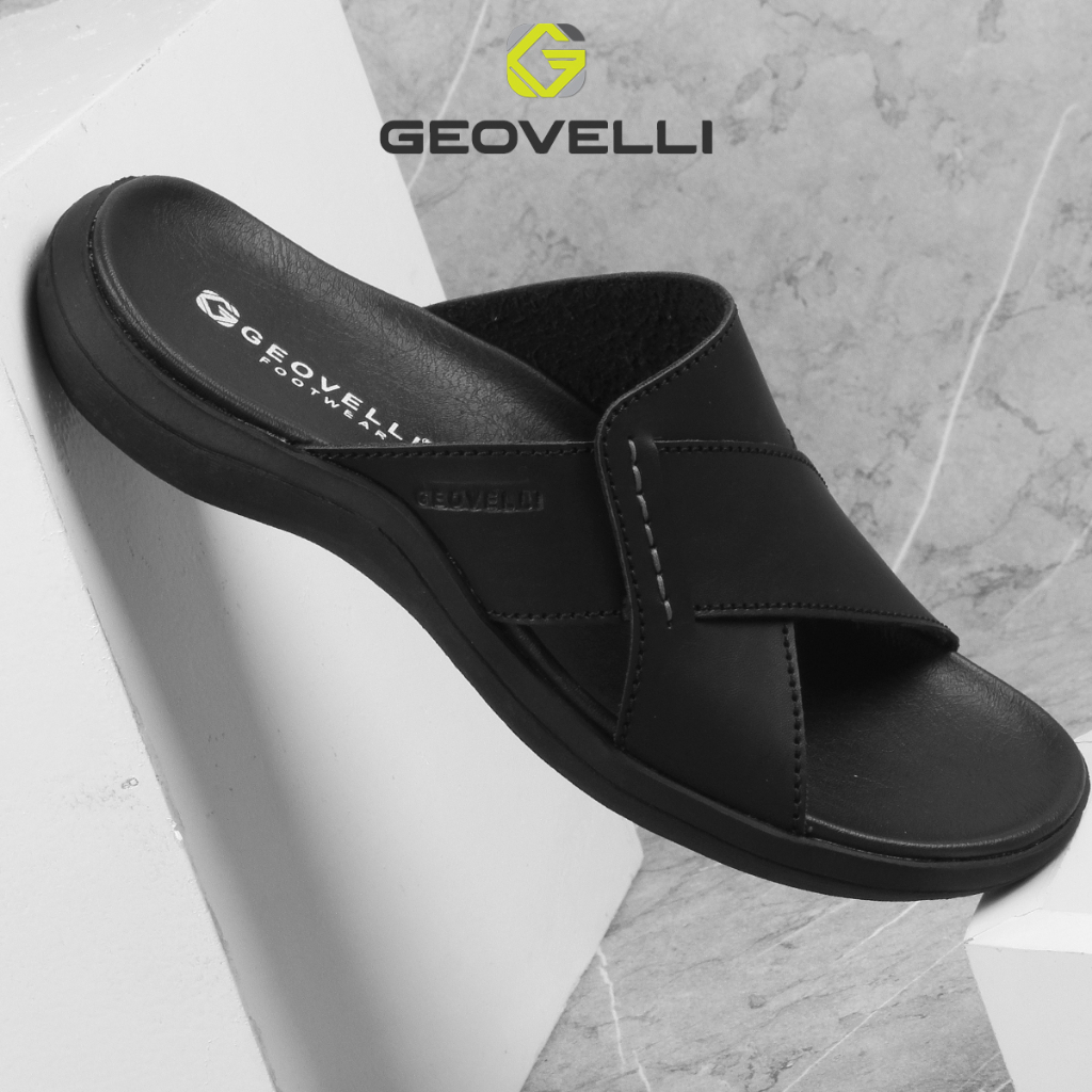 Sandal Pria Hitam Kekinian Geovelli Original Sendal Slide Pria Kualitas Lokal Premium - G-1986 Tan Black