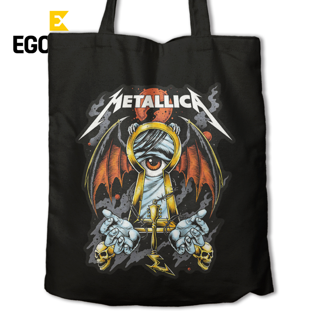 EGOCULA Tote Bag Metallica Pria Wanita Tas Jinjing Sekolah Kuliah Resleting 30x40